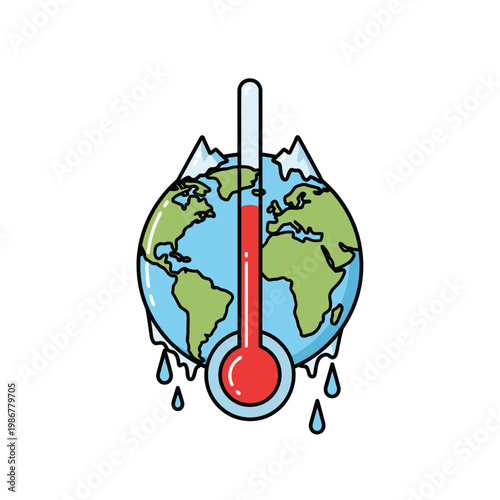 Global warming concept: Earth with thermometer and melting ice caps, climate change