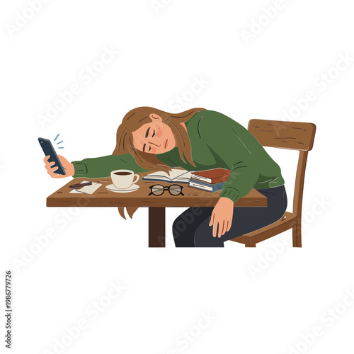 Woman sleeps at desk with phone glasses and coffee cup nearby
