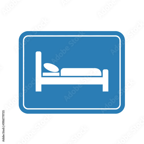 Hotel Room Sign Icon - Simple Bed Illustration on Blue Background