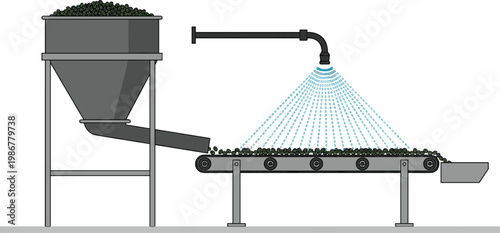 Industrial conveyor washing process illustration, hopper dispensing materials, water spray cleaning system, modern manufacturing food processing line design