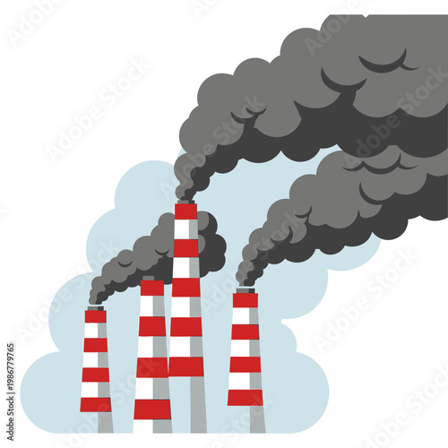 Industrial Factory Smokestacks Emitting Dark Smoke Against Sky Background
