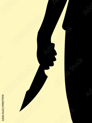 Silhouette of Man standing with hand holding a knife concept design. Icon of gesture people grab sharp object. Vector illustration.