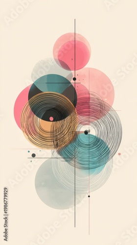 Abstract Geometric Art with Colorful Circles and Lines on Background