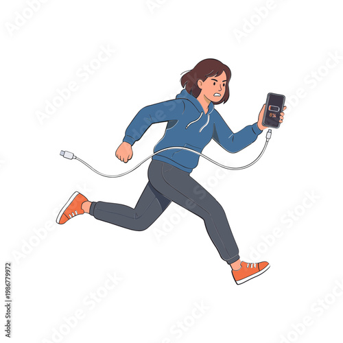 Woman runs quickly holding phone with long cord attached outdoors