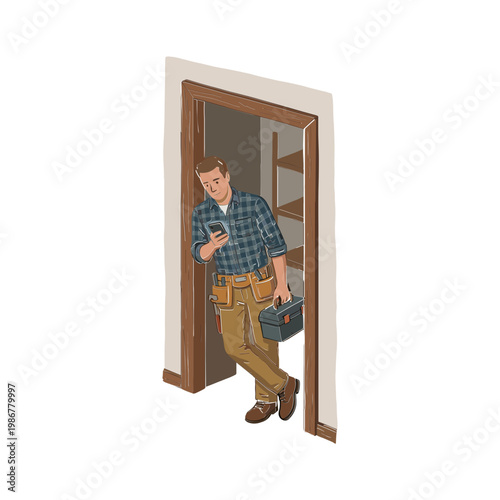 A man in a plaid shirt walks through an open doorway with a tool belt and toolbox.
