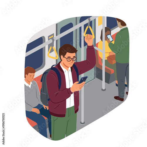 People riding public transportation while using their phones on a busy urban commute