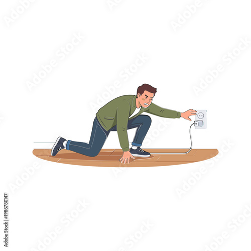 Man kneels down to plug in an electrical cord into a socket on the floor.