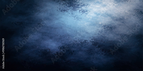 A dark blue sky with stormy clouds creates a moody nature background featuring deep ocean textures and a misty fog