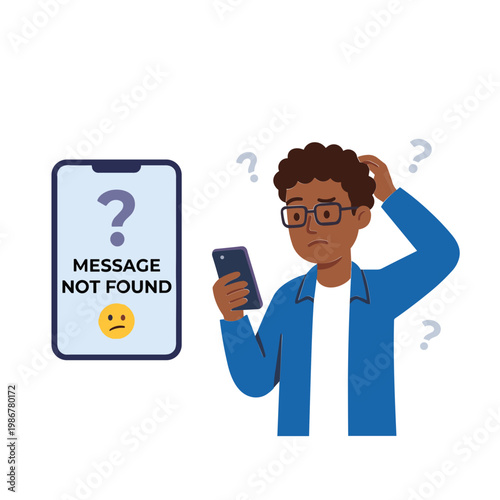 A frustrated man examines his phone next to a message not found error on a large screen display.