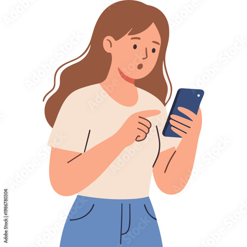 Woman looks shocked while checking her phone in surprise