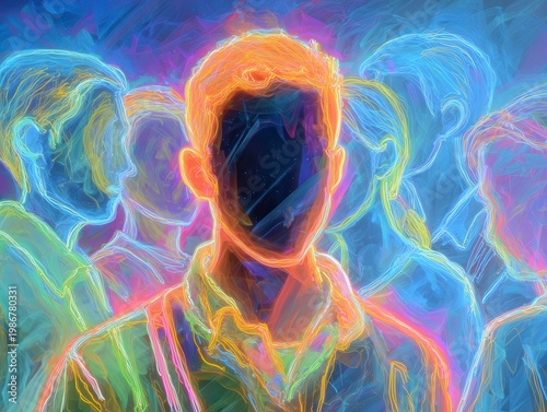 Surreal Abstract Portrait with Vibrant Neon Colors and Silhouettes