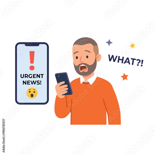 Man shocked by urgent news on smartphone screen with exclamation