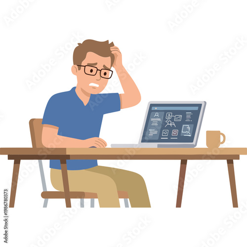 A frustrated man sits at a desk with a laptop and coffee