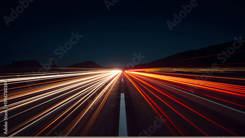 Car travels down a dark highway at night with light trails