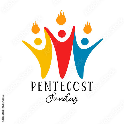 Pentecost Sunday festive logo. Christian sermon creative emblem with positive team, flames and cute typography 