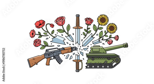 War, violence, peace, floral, symbol, gun, tank, sword, flowers, illustration, vector graphics