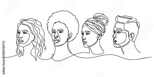 One continuous line drawing of four women in profile, representing diversity and unity, Minimalist set of four distinct human head portraits drawn in a continuous single line art style, showcasing pro