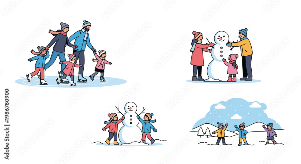 Fototapeta premium Collection of scenes showing people enjoying winter activities such as ice skating, building a snowman, and playing in snow.