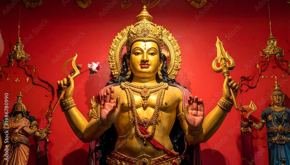 Fototapeta premium Golden multi-armed figure stands before a vibrant red backdrop with intricate detail and surrounding smaller statues