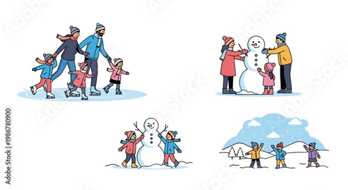 Collection of scenes showing people enjoying winter activities such as ice skating, building a snowman, and playing in snow.