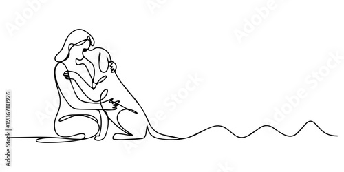 Person embracing a dog with continuous line drawing style, continuous single line drawing of woman kneeling on floor hugging her dog, line art vector illustration, Girl with a dog in continuous one.