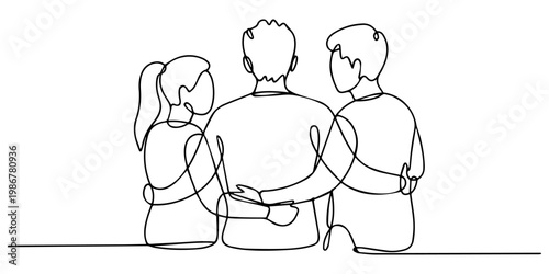 three friends in a warm group hug continuous line drawing, Illustration of business individuals sharing a warm hug in a professional setting, friends standing together with arms around each other pro.