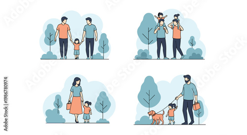 Various scenes of families spending quality time together in a green park including walking, playing, and pet care.