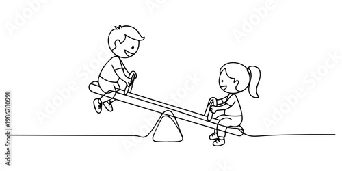 Single continuous line drawing boy and girl of preschool swinging on seesaw. Kids having fun at playground, Engaging continuous line drawing of two happy children playing together on a seesaw, capture