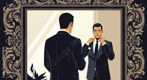 Sophisticated man in a dark tailored suit adjusts his shirt collar while looking at his reflection in a fancy gold frame.