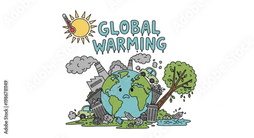 Illustration of Global Warming Effects on Earth with Pollution and Dying Tree.