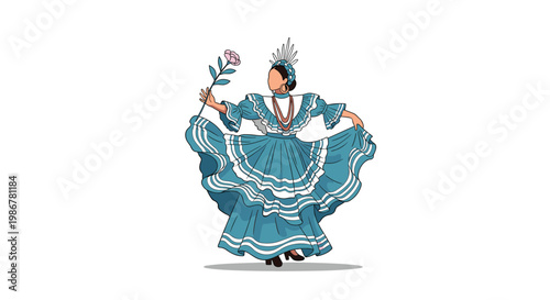 Graceful woman performs a traditional folk dance wearing a large blue layered dress and holding a single pink flower.