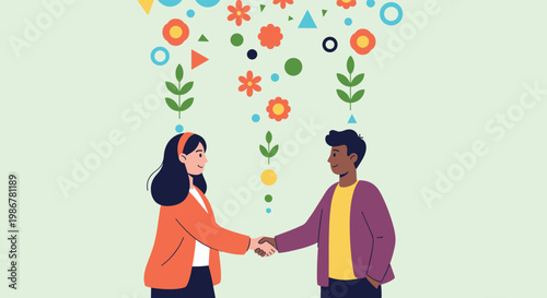 Diverse man and woman conclude a business deal with a handshake while vibrant abstract flowers and shapes rain from above.