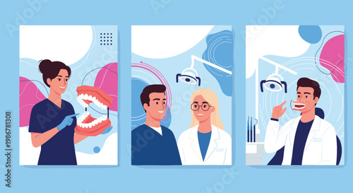 Collection of dental clinic posters featuring professional dentists showing tooth models and treating patients in the office.