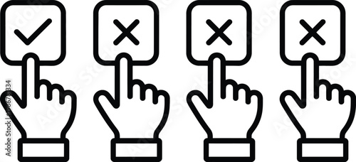 Yes or no icon set, minimalist black outline icons illustrating approval and rejection options for digital interfaces user choices and modern app design.