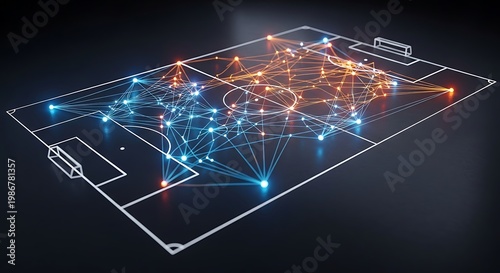 Network connections, futuristic soccer field, glowing nodes, blue and orange lines, abstract sports technology