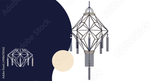 Traditional geometric hanging lantern featuring an intricate line art design and decorative tassels against a dark background.