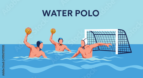 Competitive water polo players swimming and throwing the ball towards the net during a professional match in a blue pool.