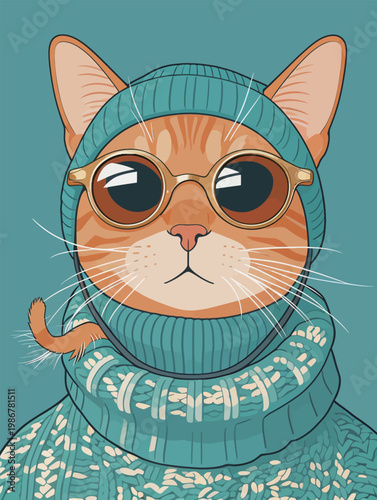 Stylish Ginger Cat in Teal Knitwear and Glasses