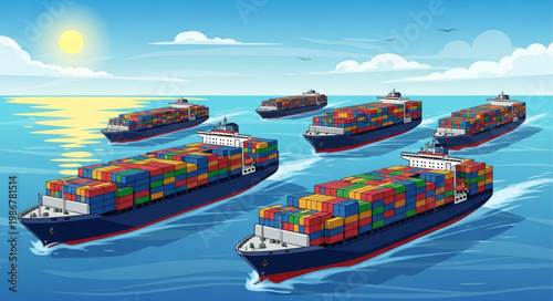 Fleet of container ships sailing on the ocean under a bright sun.