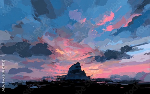 Vibrant Sunset Over Rocky Silhouette in Dramatic Cloudscape