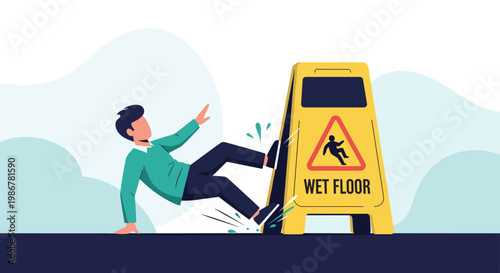 Man accidentally slipping and falling on a wet floor next to a yellow caution warning sign in a public area or workplace.