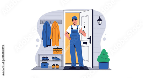 Professional repairman in blue overalls giving a thumbs up while standing at the open door of a modern home hallway entrance.