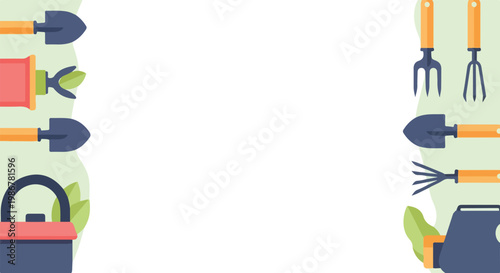 This flat vector illustration features various gardening tools like trowels, rakes, and pruners arranged on the sides of a blank central space.