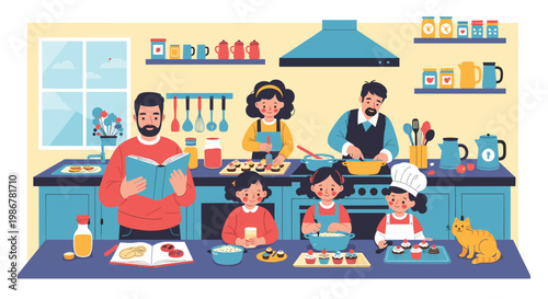 Happy family with parents and children spending time together baking cupcakes and reading a cookbook in a large modern kitchen.