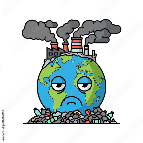 Sad Earth drowning in pollution, factories emitting smoke, environmental crisis cartoon