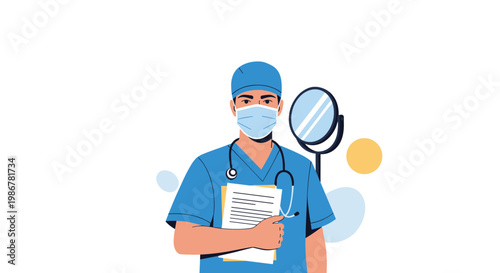 Professional male surgeon in blue medical scrubs and mask holding a clipboard and stethoscope against a clean background.