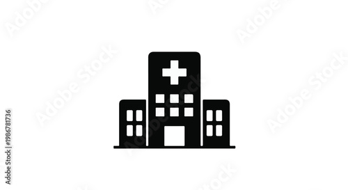Black silhouette of a hospital building with a cross on top
