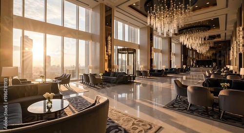 Luxury Hotel Lobby Interior with Golden Hour Sunlight and Modern Design