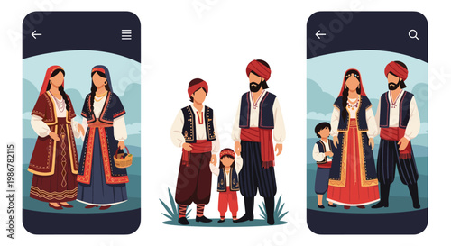 Families and children dressed in traditional ethnic costumes of a specific region shown on smartphone screens for travel apps.