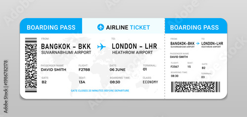 Airline ticket design for international air travel and tourism, Boarding pass vector with passenger information